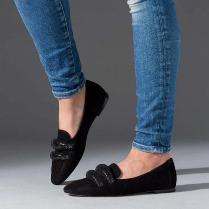 Black Vegan Suede Commuting Flats Rhinestone Accent Women's Loafers