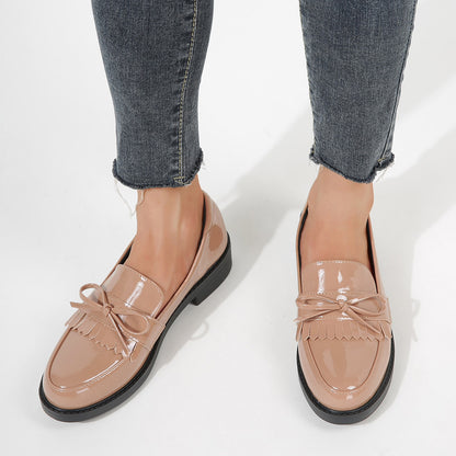 Beige Patent Leather Closed Toe Chunky Heel Formal Loafers