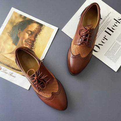 Brown Vegan Leather Round Toe Flat Lace Up Woven Inlay Oxford Shoes
