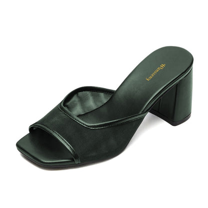 Women's Classic Dark Green Open Square Toe Mesh Mule Heels