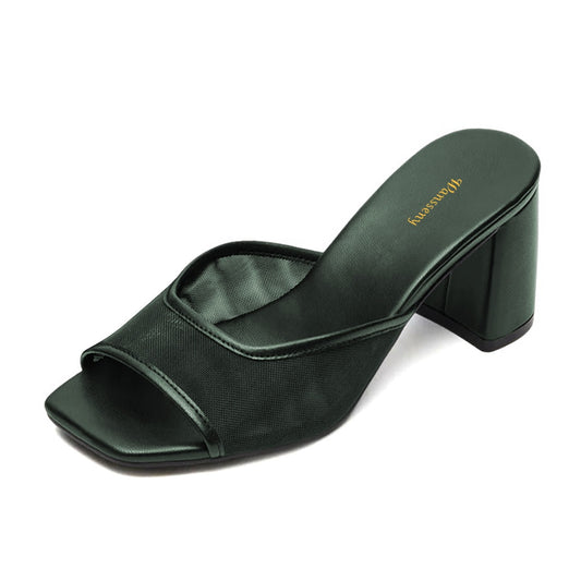 Women's Classic Dark Green Open Square Toe Mesh Mule Heels