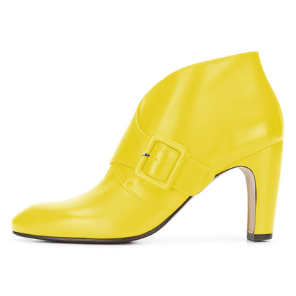 Yellow Buckle Chunky Heel Ankle Boots