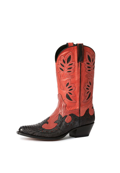 Black & Red Vegan Leather Pointed Toe Embroidered Wide Calf Cowgirl Ankle Boots With Chunky Heels