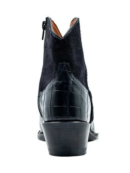 Black Croco Embossed Pointed Toe Chunky Heel Ankle Boots for Women