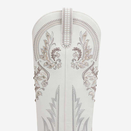 White Rhinestone Embroidered Chunky Heel Cowboy Knee High Boots
