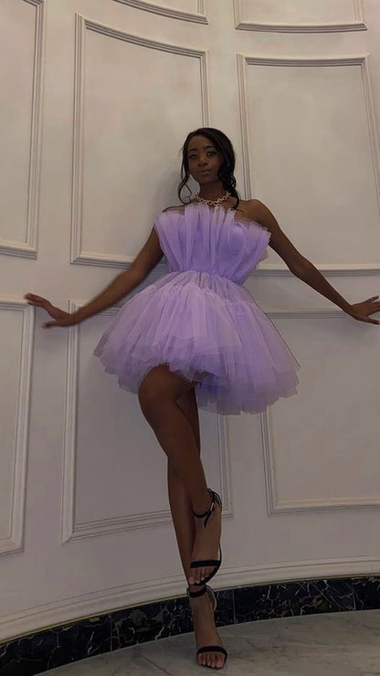 PM025,Light purple tulle mini prom dresses strapless pleated homecoming dress