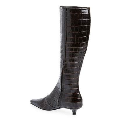 Dark Brown Kitten Heel Square Toe Croc Embossed Knee High Boots