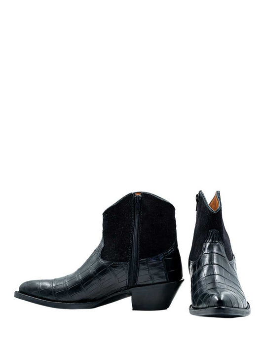 Black Croco Embossed Pointed Toe Chunky Heel Ankle Boots for Women