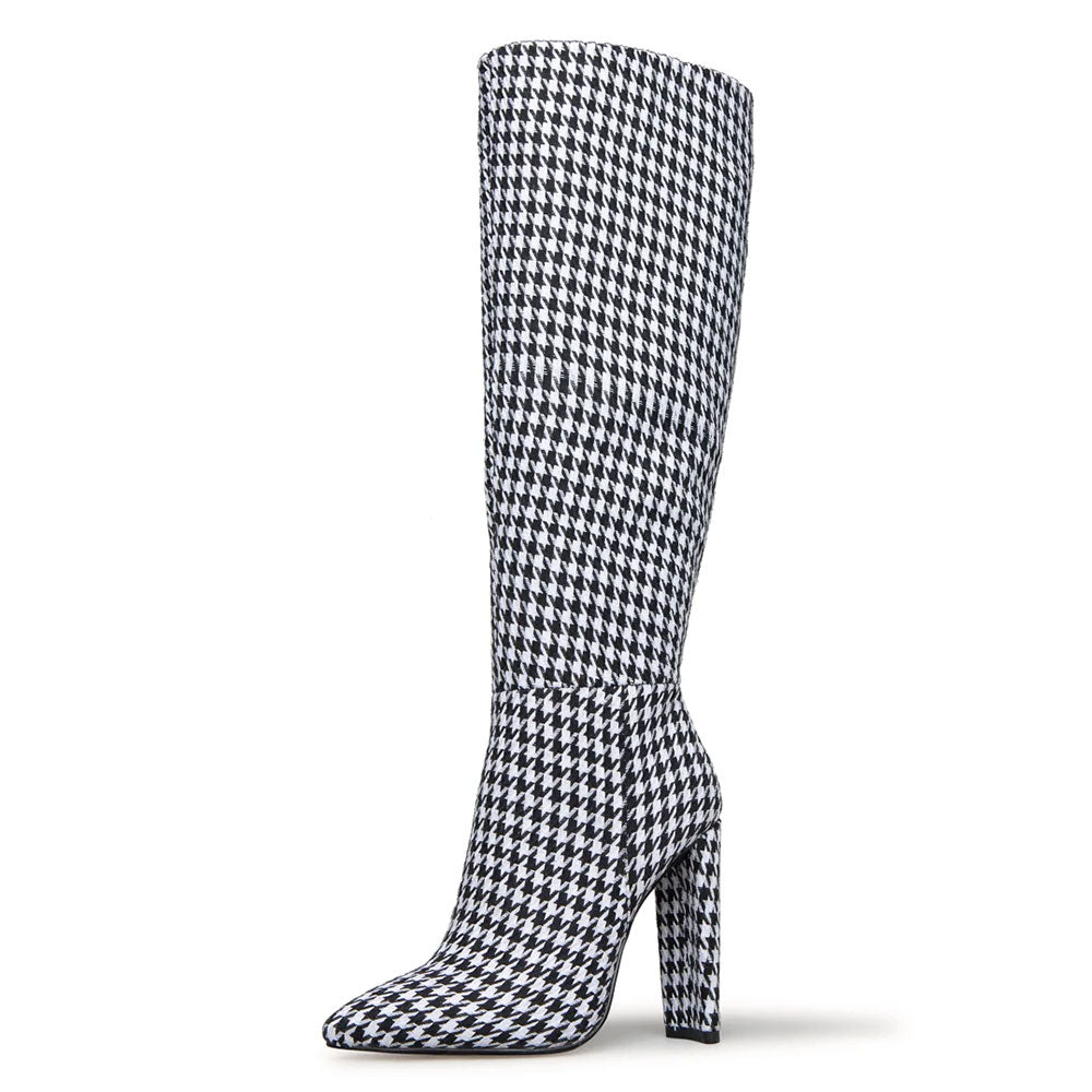 FSJ Black and White Houndstooth Chunky Heel Knee High Boots