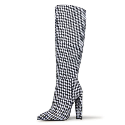 FSJ Black and White Houndstooth Chunky Heel Knee High Boots