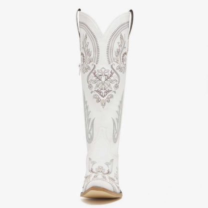 White Rhinestone Embroidered Chunky Heel Cowboy Knee High Boots
