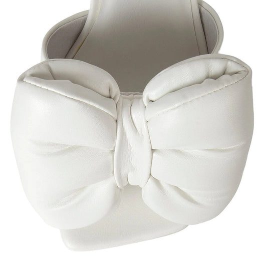 White Open Toe 4'' Decorative Heel Mules with Bow