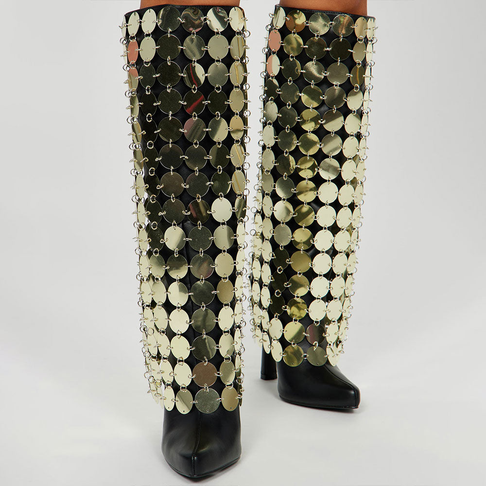 Black Pointed Toe Flared Heel Trendy Knee High Boots with Gold Sequins