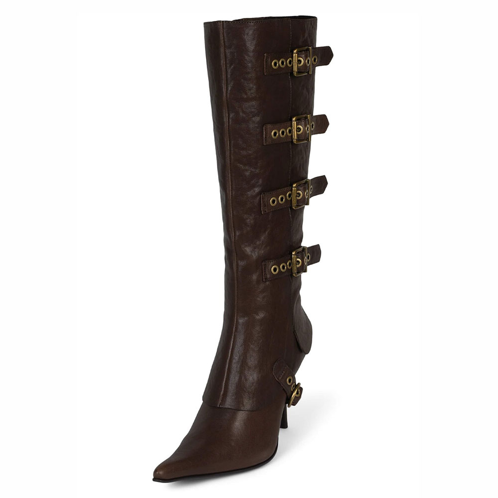 Brown Pointed Toe Buckle Strappy Knee High Boots with Stiletto Heel