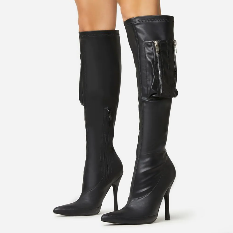 Pointed Toe Stiletto Heel Zipper Up Vintage Knee High Boots