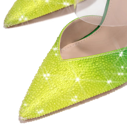 Yellow & Green Pointed Toe Pumps With Clear Buckles Slingback Mules Stiletto Heels