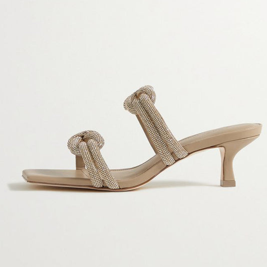 Khaki Rhinestone Braided Strap Mules Sandals with Kitten Heels