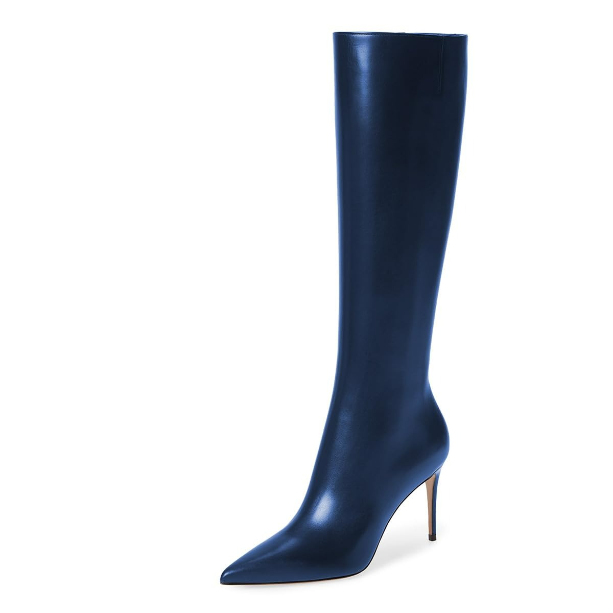 Navy Vegan Leather Stiletto Heel Side Zipper Knee High Boots