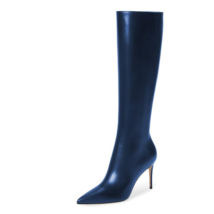 Navy Vegan Leather Stiletto Heel Side Zipper Knee High Boots