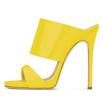 Yellow Patent Leather Open-Toe Stiletto Heel Mules Shoes