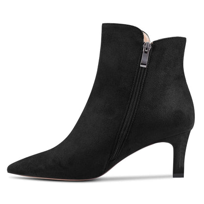 Black Pointed Toe Kitten Heel Ankle Boots for Women with Zip Up