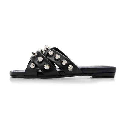 Black Open Toe Strappy Flats Rivet Embellishment Slides for Women