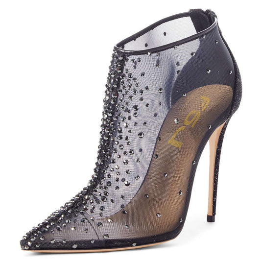 Women's Black Web Pointed Toe Ankle Boots