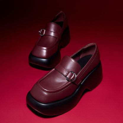 Burgundy Square Toe Chunky Heel Platform Loafers with Buckle Decor