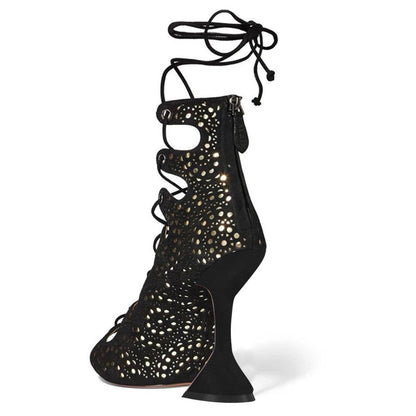 Black Peep Toe 4'' Flared Heel Lace Up Gladiator Ankle Boots