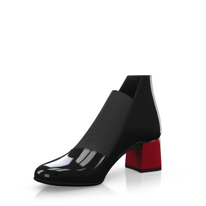 Women's Black Patent Leather Low Top Ankle Boots with Block Heels