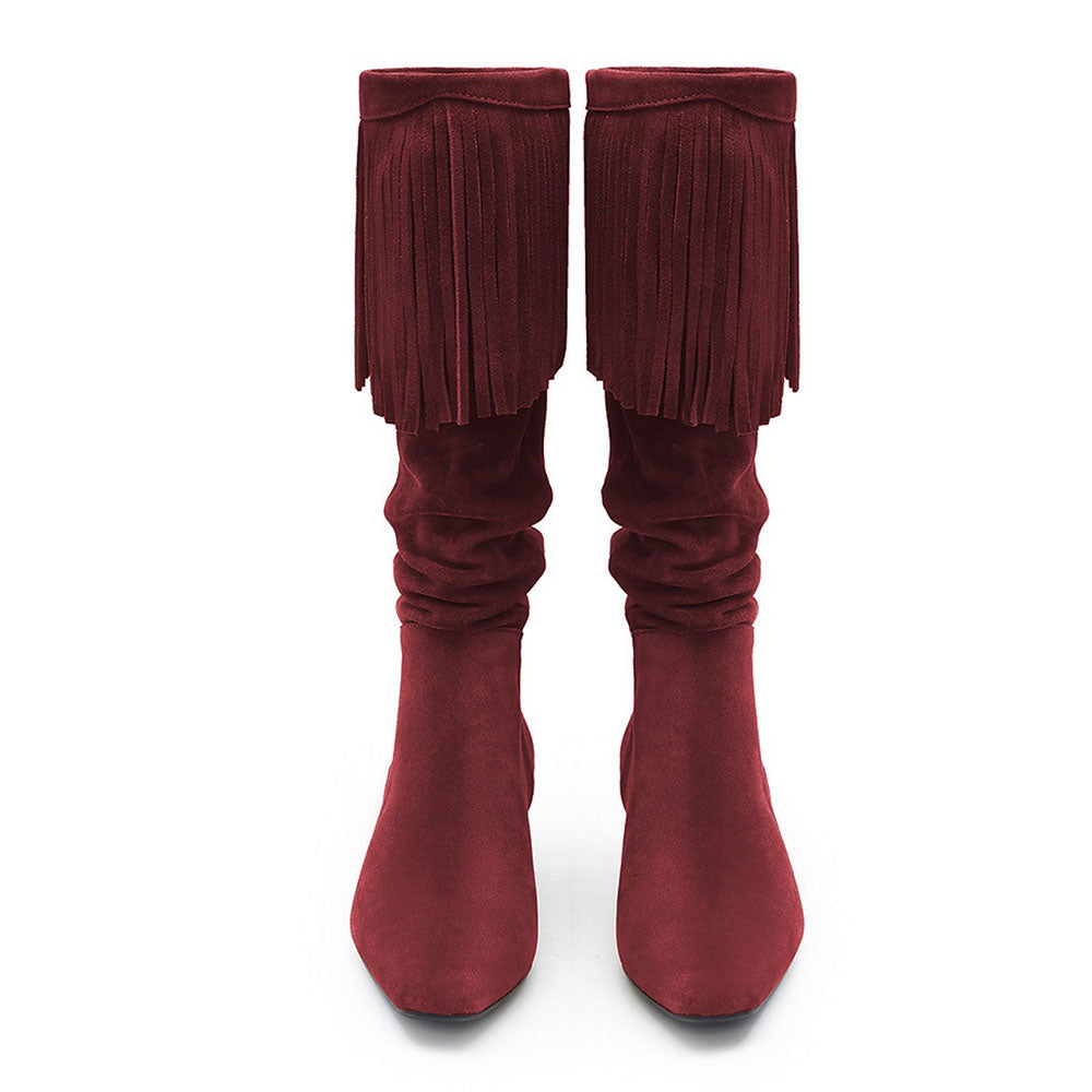 Women's Square Toe Low Heel Fringe Maroon Below The Knee Boots