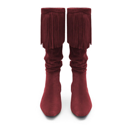 Women's Square Toe Low Heel Fringe Maroon Below The Knee Boots