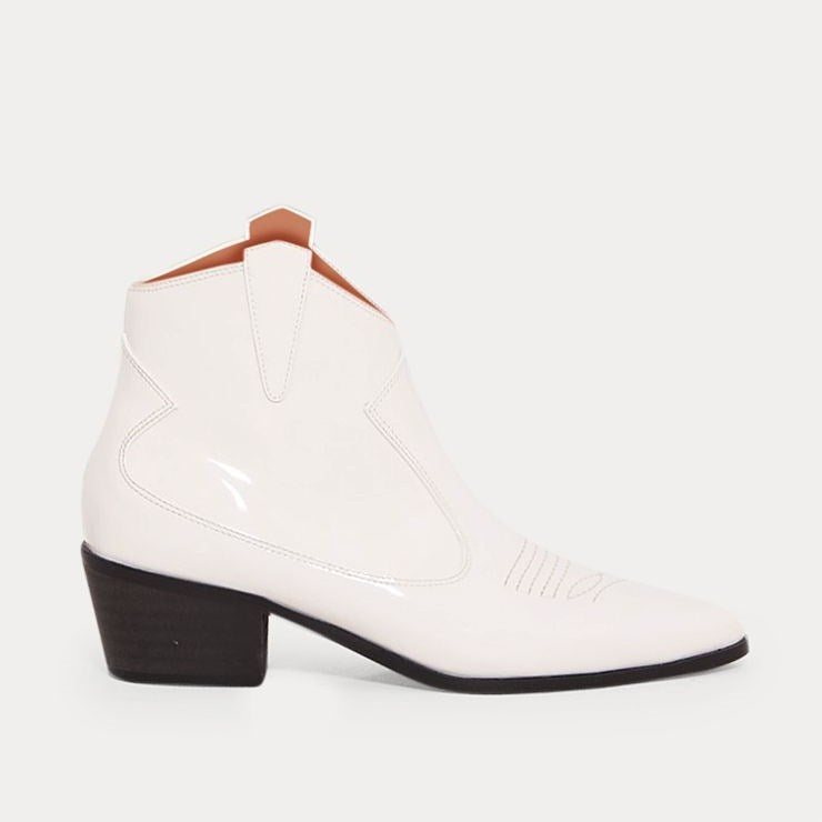 Women's White Patent Leather Closed Toe Block Heel Short Western Boots