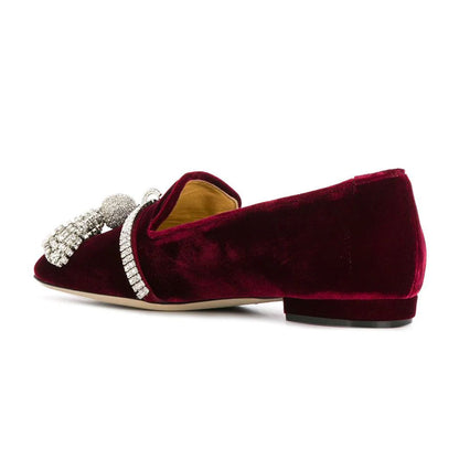 Burgundy Velvet Rhinestone Ornament Flat Loafers for Women