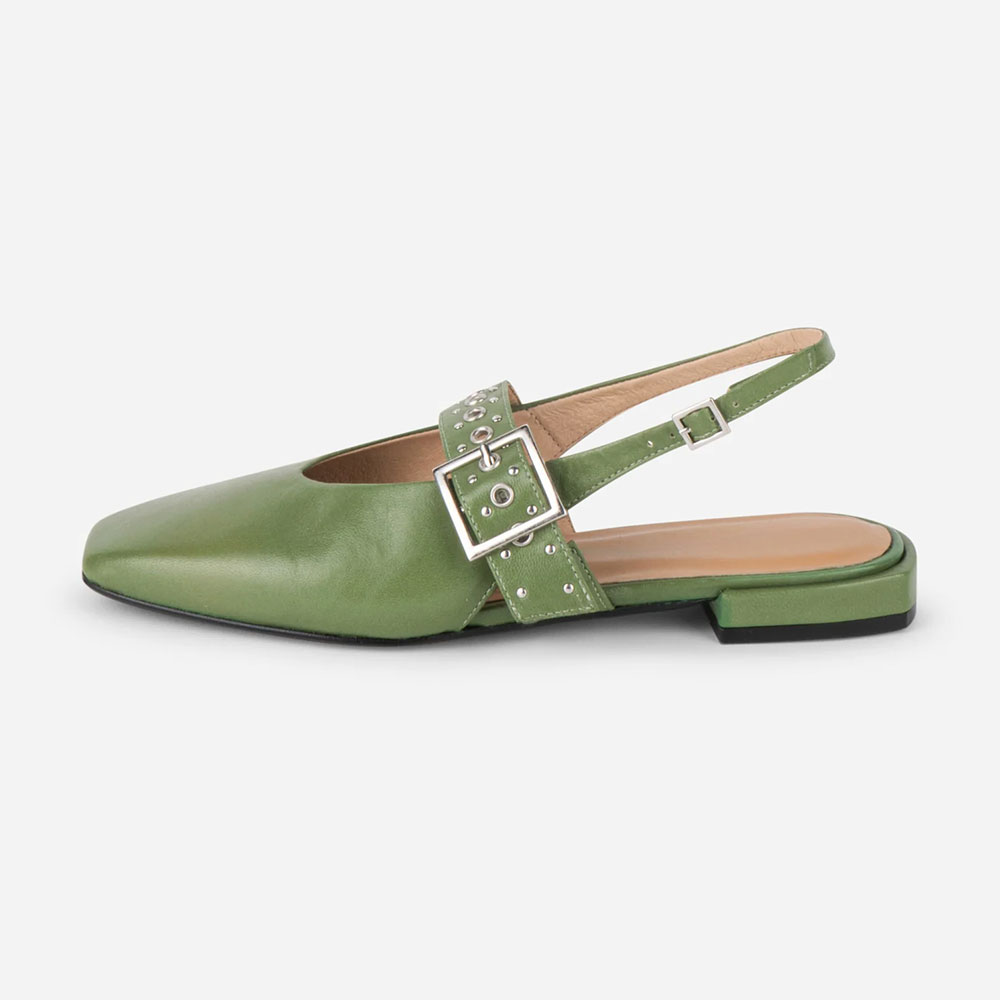 Green Vegan Leather Square Toe Grommet Strap Slingback Flats
