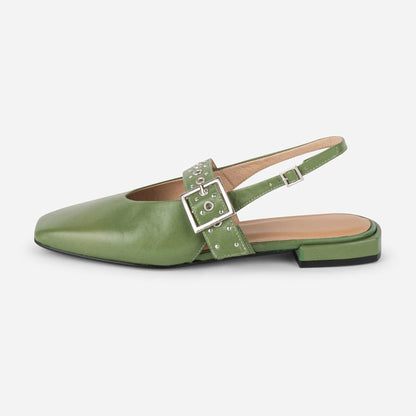 Green Vegan Leather Square Toe Grommet Strap Slingback Flats