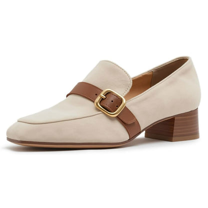 Beige Vegan Suede Square Toe Buckle Strap Office Women's Loafers
