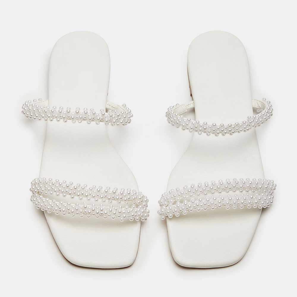 Women's Vegan Leather Square Toe Pearl Inlay Flat White Slippers