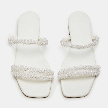 Women's Vegan Leather Square Toe Pearl Inlay Flat White Slippers