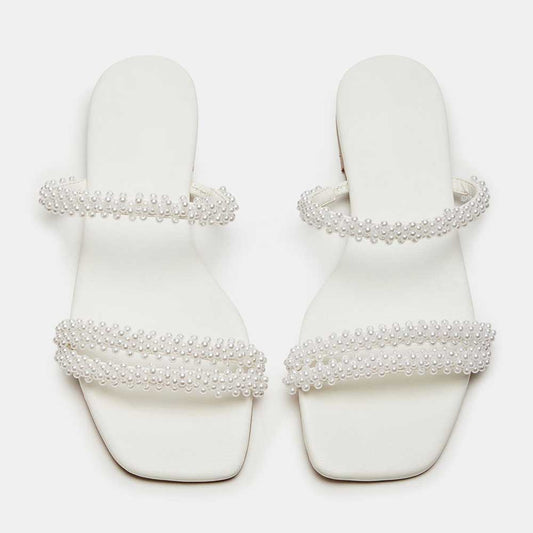 Women's Vegan Leather Square Toe Pearl Inlay Flat White Slippers