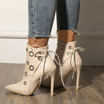 Beige Pointy Toe 3'' Stiletto Heel Studded Ankle Boots