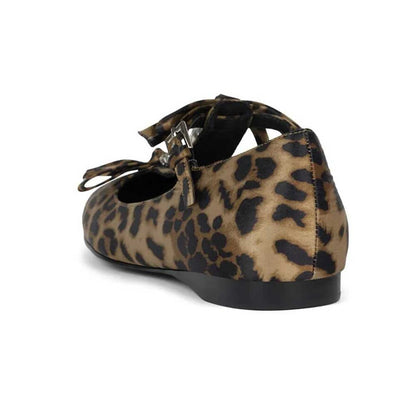 Brown & Black Leopard Print Satin Crystal Mary Jane Flats with Bows