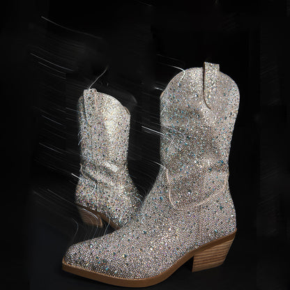 Women's Silver Low Chunky Heel Rhinestone Sparkly Cowboy Boots