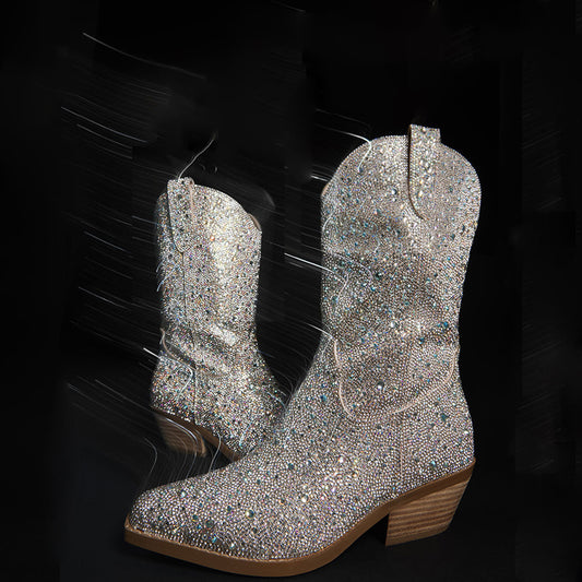 Women's Silver Low Chunky Heel Rhinestone Sparkly Cowboy Boots