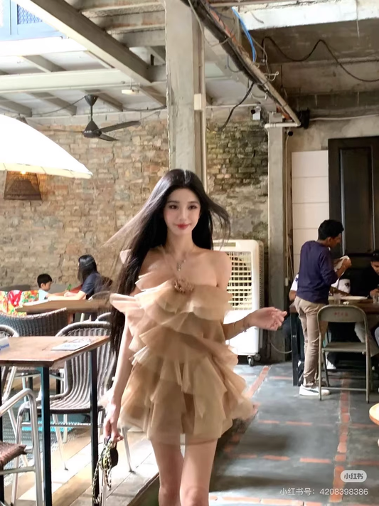 Retro Champagne 3D Flower Design Tulle Design A-line Short Party Dress Homecoming Dresses TP3942