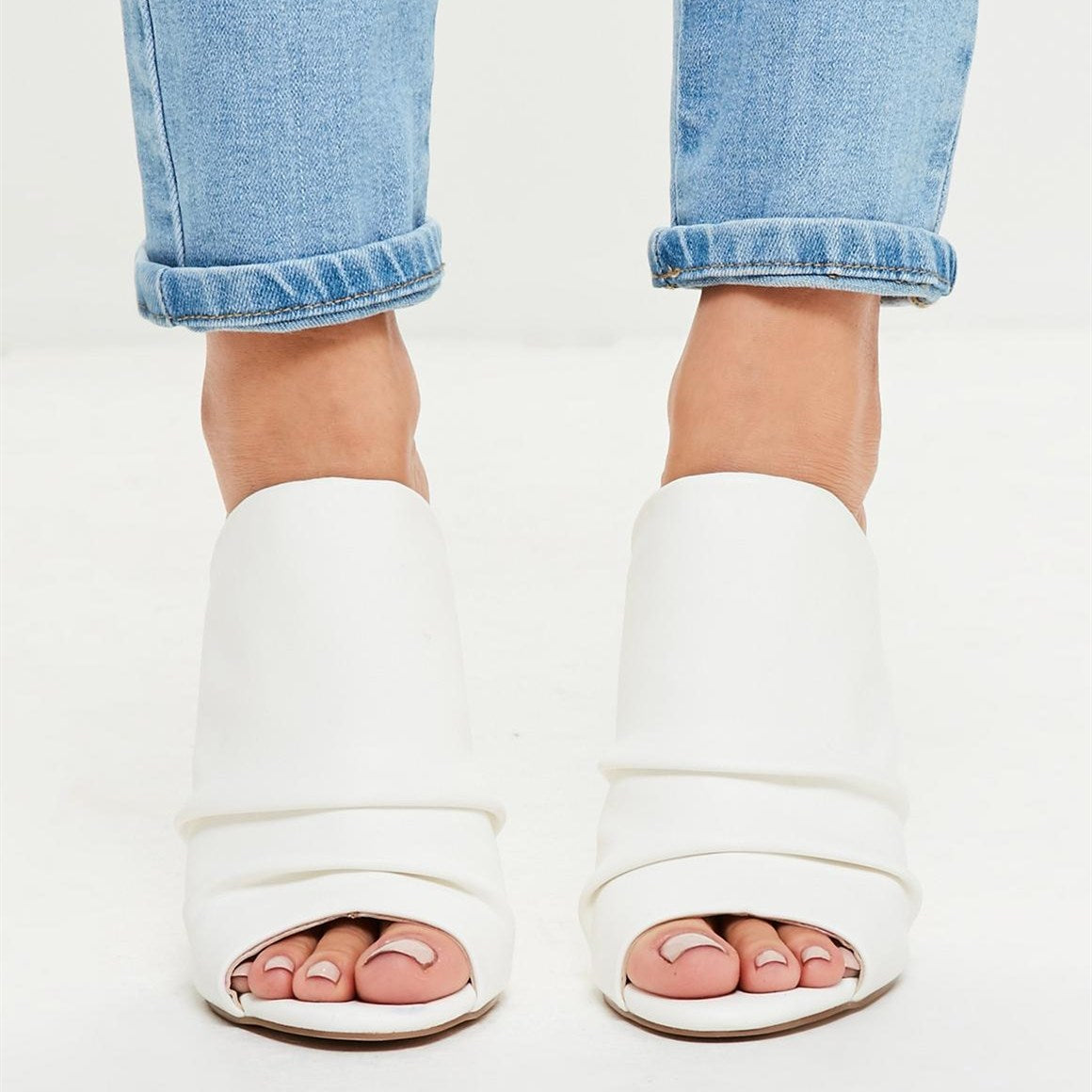 White Pleated Upper Peep Toe Stiletto Heel Mules Sandals