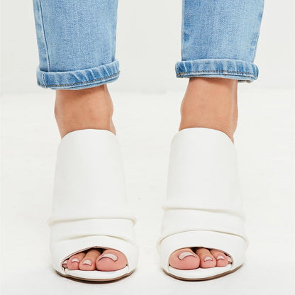White Pleated Upper Peep Toe Stiletto Heel Mules Sandals