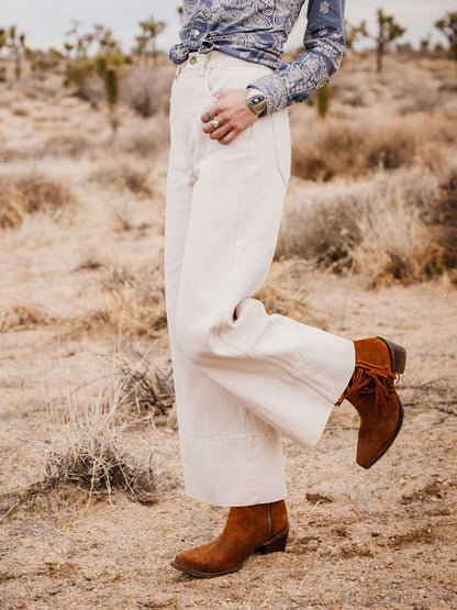 Brown Faux Suede Snip Toe Angle Fringe Zipper Cowgirl Ankle Boots With Chunky Heels