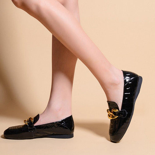 Black Patent Leather Embossed Flats Chain Decor Loafer Shoes Women