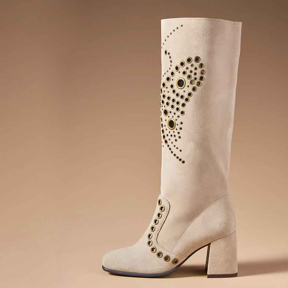 Beige Vegan Suede Square Toe 3'' Block Heel Cut-Out Knee High Boots